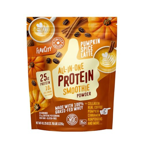 FlavCity Grass Fed Whey Protein Powder - Pumpkin Spice Latte - 25g Protein & 57mg of Caffeine - Made with Real Pumpkin & Organic Coconut Milk - Gluten Free & No Added Sugars (20 Servings) | Amazon (US)