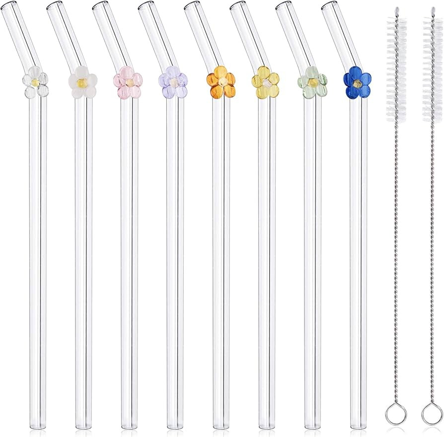 8-Pack Reusable Glass Straws with 2 Cleaning Brushes, Cute Colorful Flower Glass Straws Shatter R... | Amazon (US)