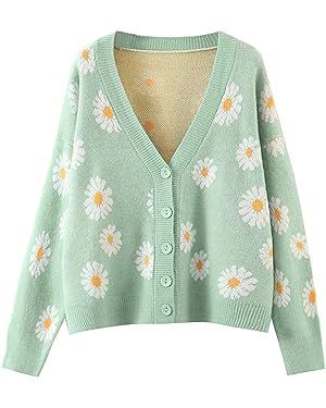 Women's Long Sleeve Cute Cardigans Sweater V-Neck Daisy Floral Button Outerwear | Amazon (US)