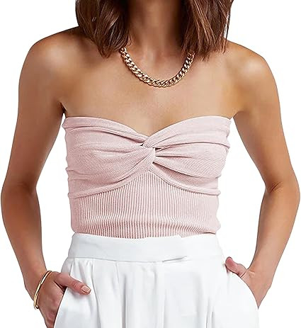 ANRABESS Women Strapless Crop Tube Top Sexy Ribbed Knit Twisted Knot Front Bandeau Sleeveless Y2K... | Amazon (US)