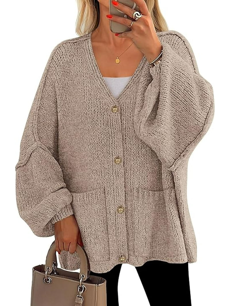 PRETTYGARDEN Fall Chunky Cardigan Sweaters for Women Button Long Lantern Sleeve Knit Oversized Sw... | Walmart (US)