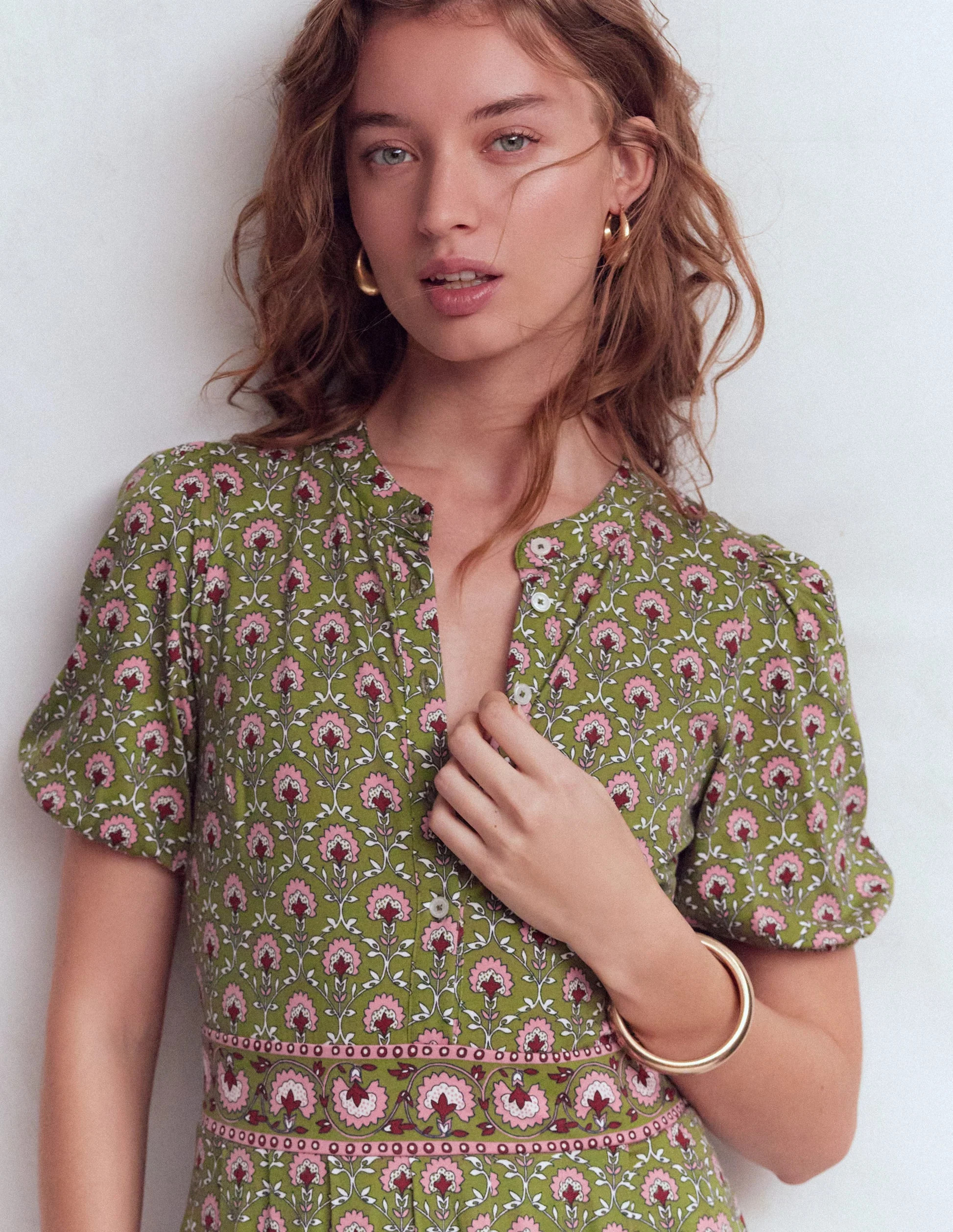 Amber Pleat Jersey Midi Dress-Olive, Flower Lattice | Boden (US)