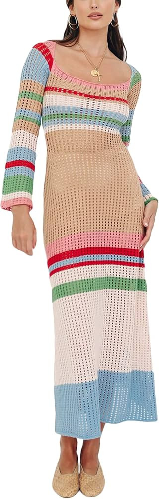 NUFIWI Women Ribbed Knit Maxi Dress Sleeveless Cutout Knitted Long Dress Crochet Backless Spaghet... | Amazon (US)