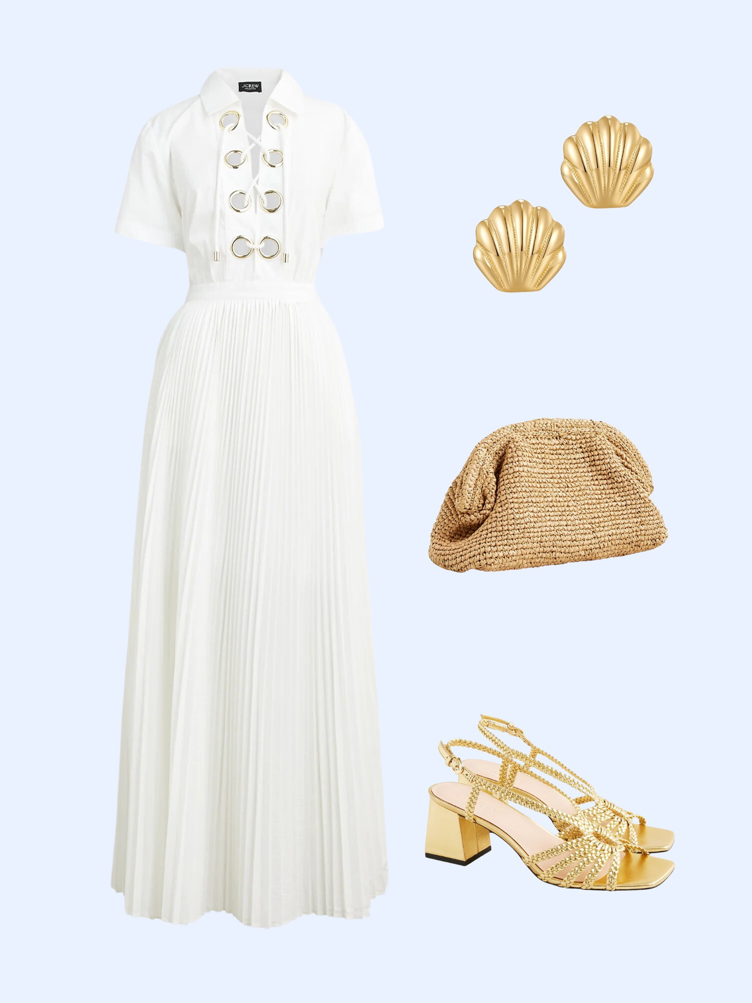 Nautical white dress, gold sandals, raffia clutch, shell earrings 

#LTKfindsunder50 #LTKshoecrush #LTKstyletip