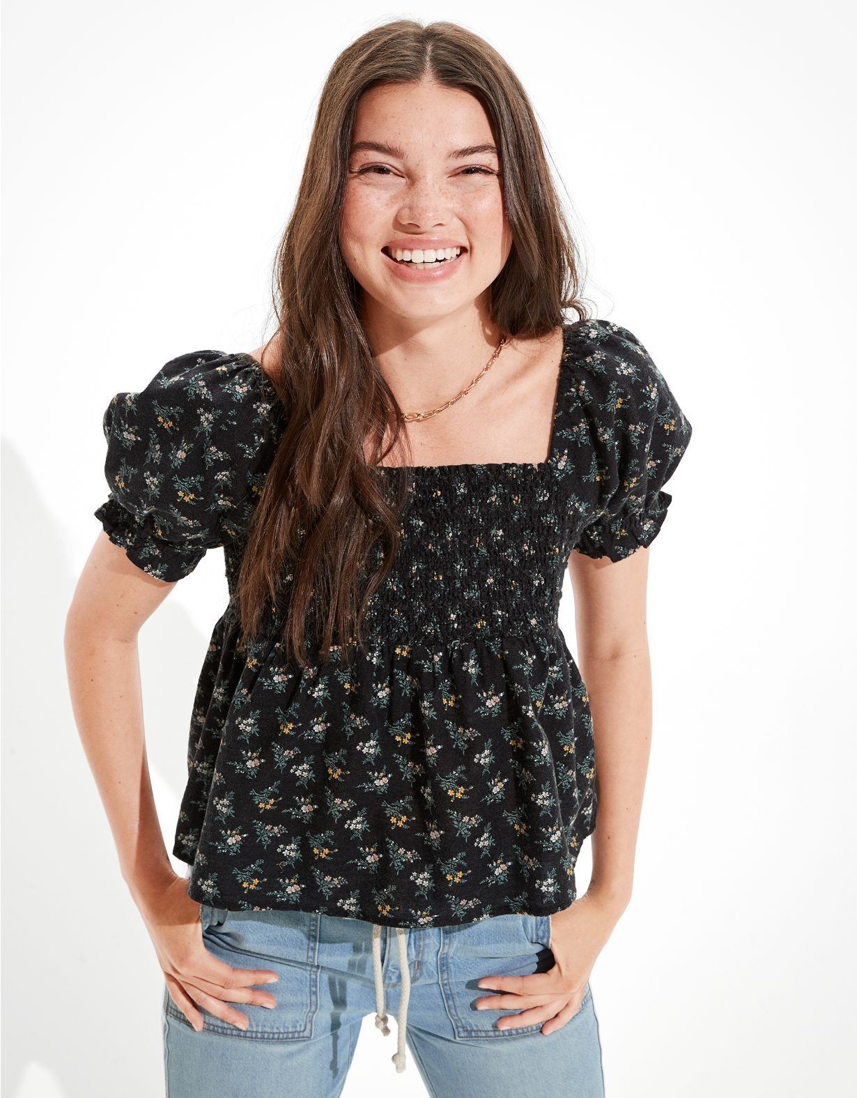 AE Square Neck Smocked Babydoll Blouse | American Eagle Outfitters (US & CA)