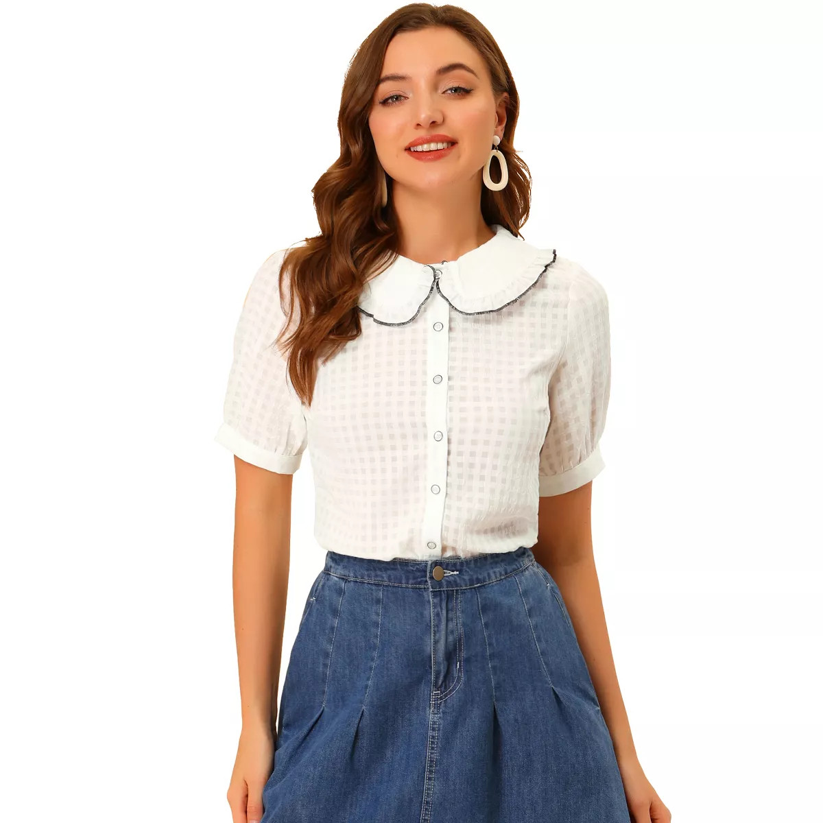 INSPIRE CHIC Women's Peter Pan Collar Contrast Color Trim Gingham Button Up Shirt | Target