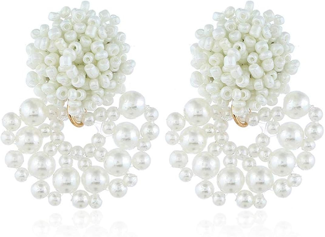 Handmade Beaded Earrings Bohemian Statement Drop Bead Earrings with Rattan Imitation pearls for W... | Amazon (US)