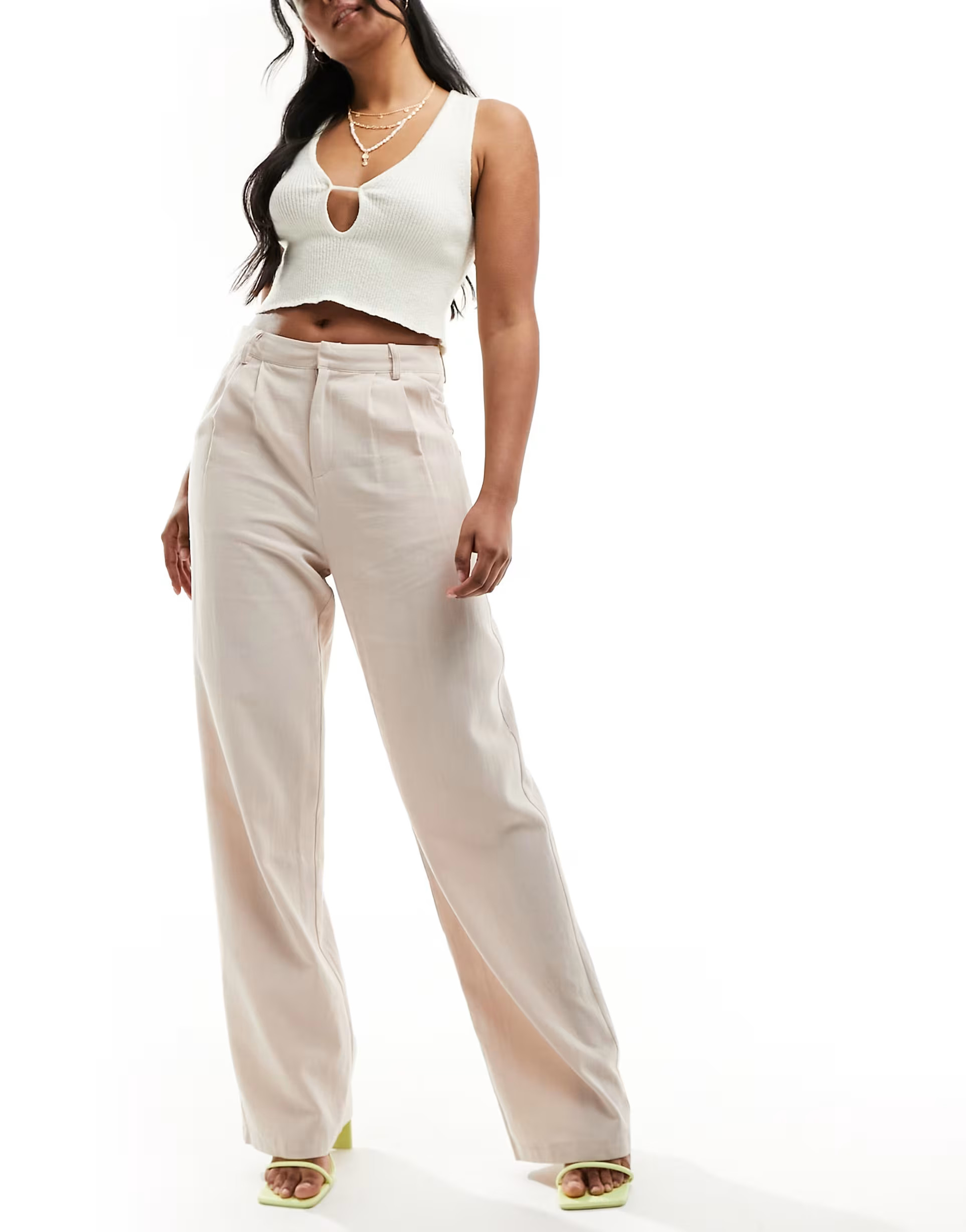 Missyempire tailored linen look wide leg trousers in beige | ASOS (Global)