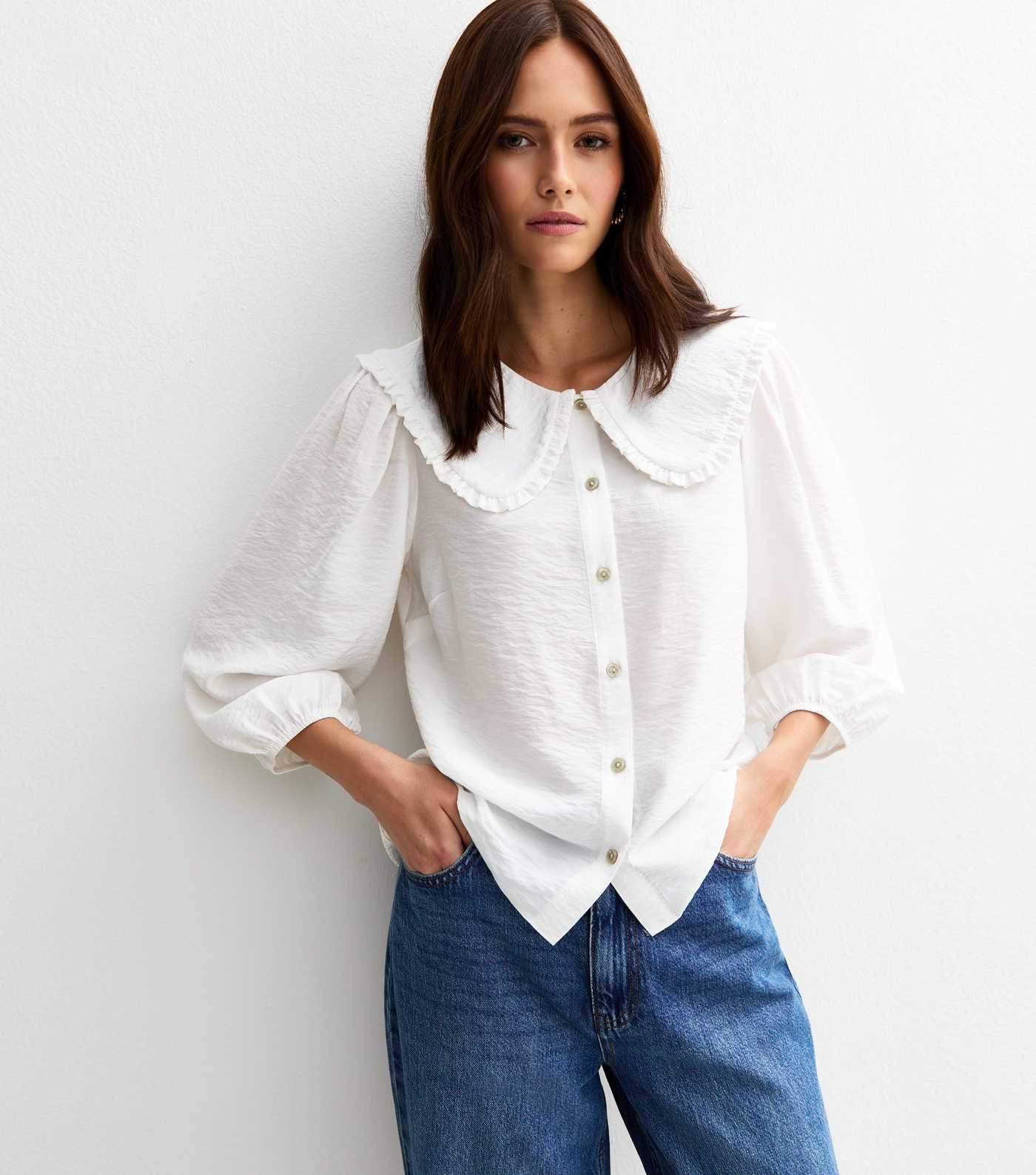 Off White Oversized Collar Crinkled Crop Sleeve Shirt | New Look | New Look (UK)