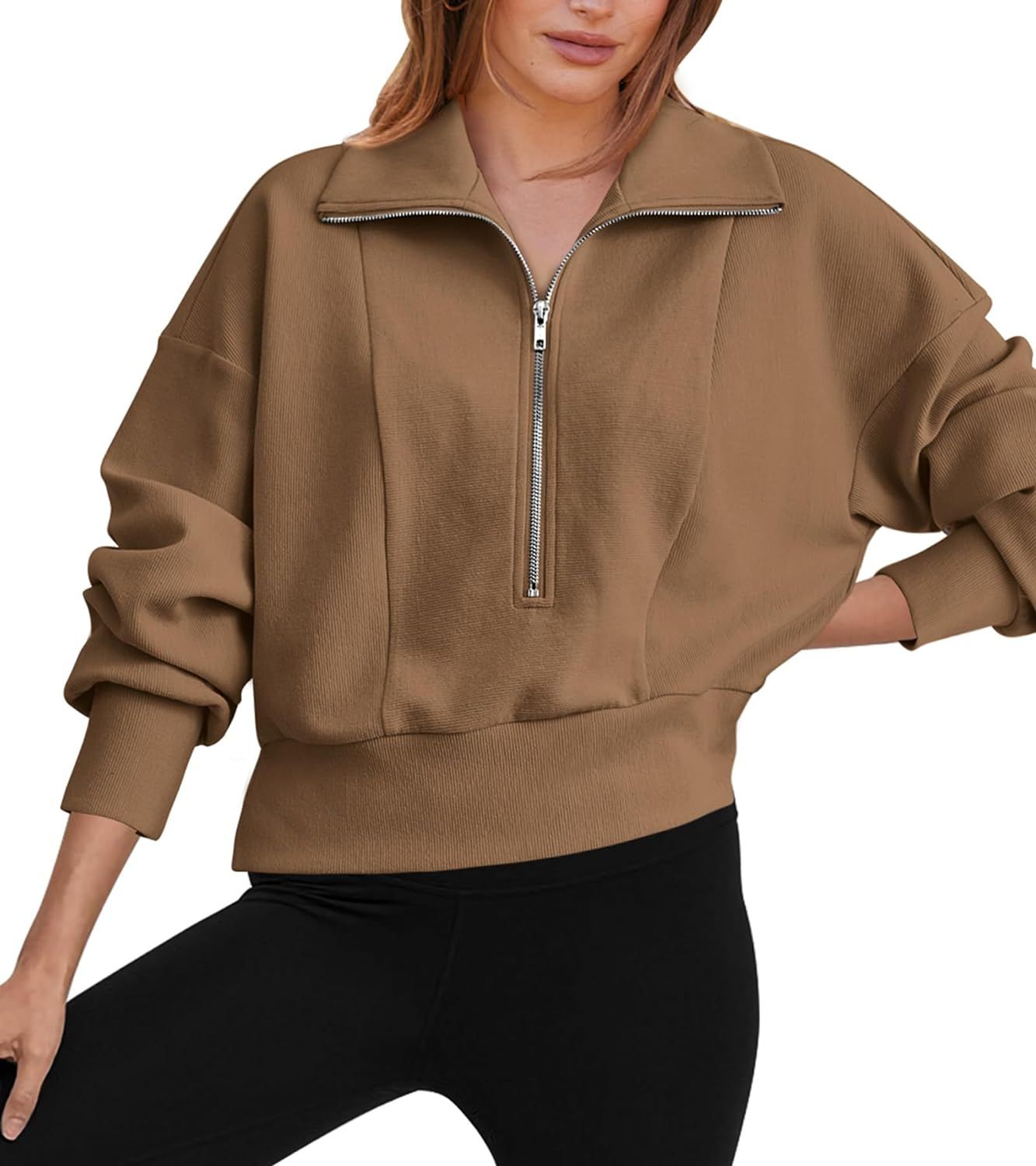 Women's Fall Fashion Zip Up Sweatshirt Casual Long Lantern Sleeve Split Hem Collared Blouse Top | Amazon (US)