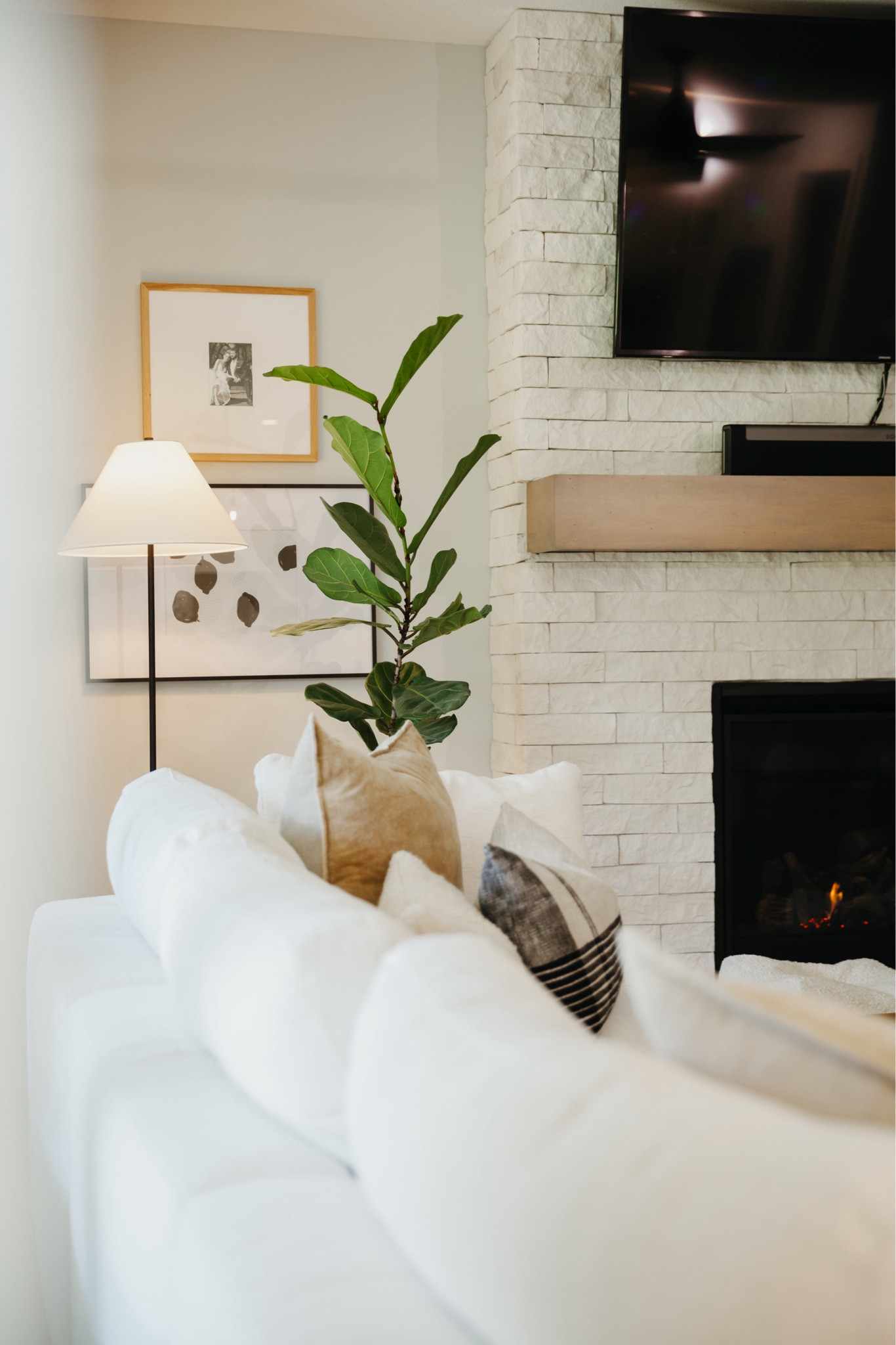 Airy living room design for a calm cool collected, modern, livable luxury feel with a white sofa, leather side, chairs, Empire, shade floor lamp, large, easy, plant tree, and lots of texture. 

#LTKHome #LTKSummerSales