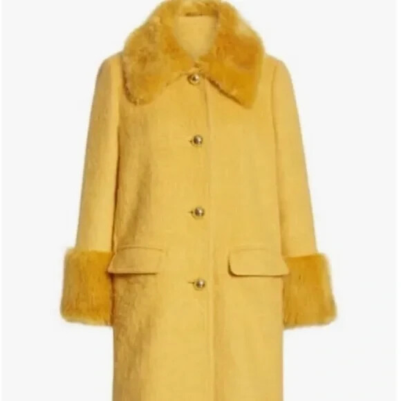Kate Spade Fluffy Wool Faux Fur Trim Coat Yellow 0 NWT $798 | eBay US