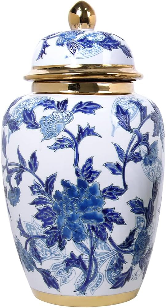 Blue and White Porcelain Vase with Gold Trim - Chinoiserie Style Ginger Jar for Vintage Home Deco... | Amazon (US)