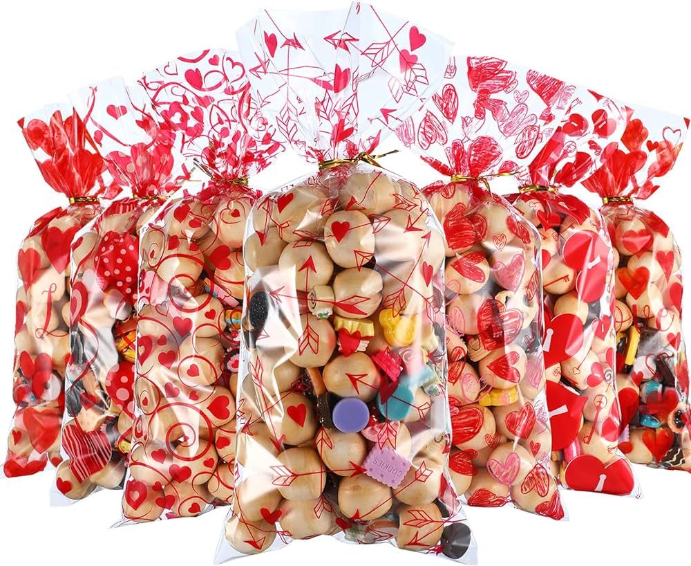 Blulu 180 Pieces Valentines Treat Favor Bags Cellophane Plastic Clear Candy Goodie Gift Bags with... | Amazon (US)