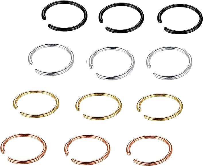 LOLIAS 12Pcs 20G 8MM 316L Stainless Steel Nose Rings Hoop Cartilage Hoop Septum Piercing Jewelry Hoo | Amazon (US)