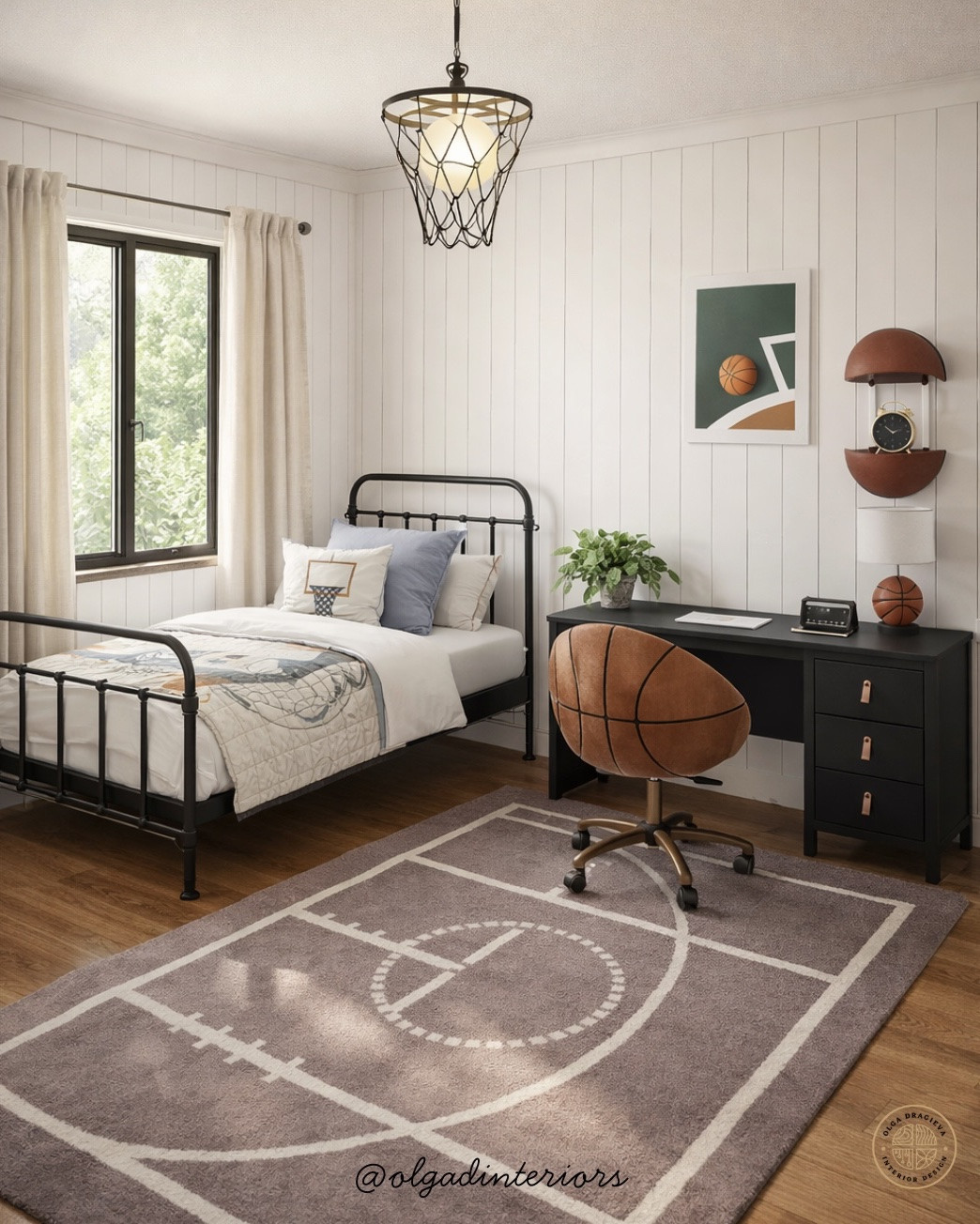Basketball-inspired teen bedroom. Teen bedroom inspiration and furniture. Metal bed, black desk, basketball desk chair and art. Black & white. Minimalist bedroom. #homedecor #teenroom

#LTKHome #LTKKids #LTKMens