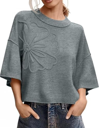 Women's Short Sleeve Sweaters Crew Neck 3D Flower Loose Fit 2026 Spring Summer Lightweight Casual... | Amazon (US)