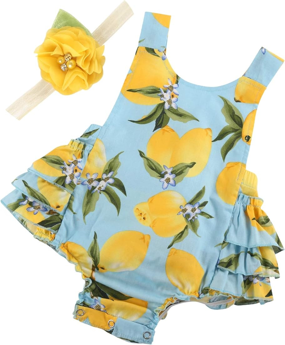 Baby Girl's Floral Print Ruffles Romper Summer Clothes with Headband | Amazon (US)