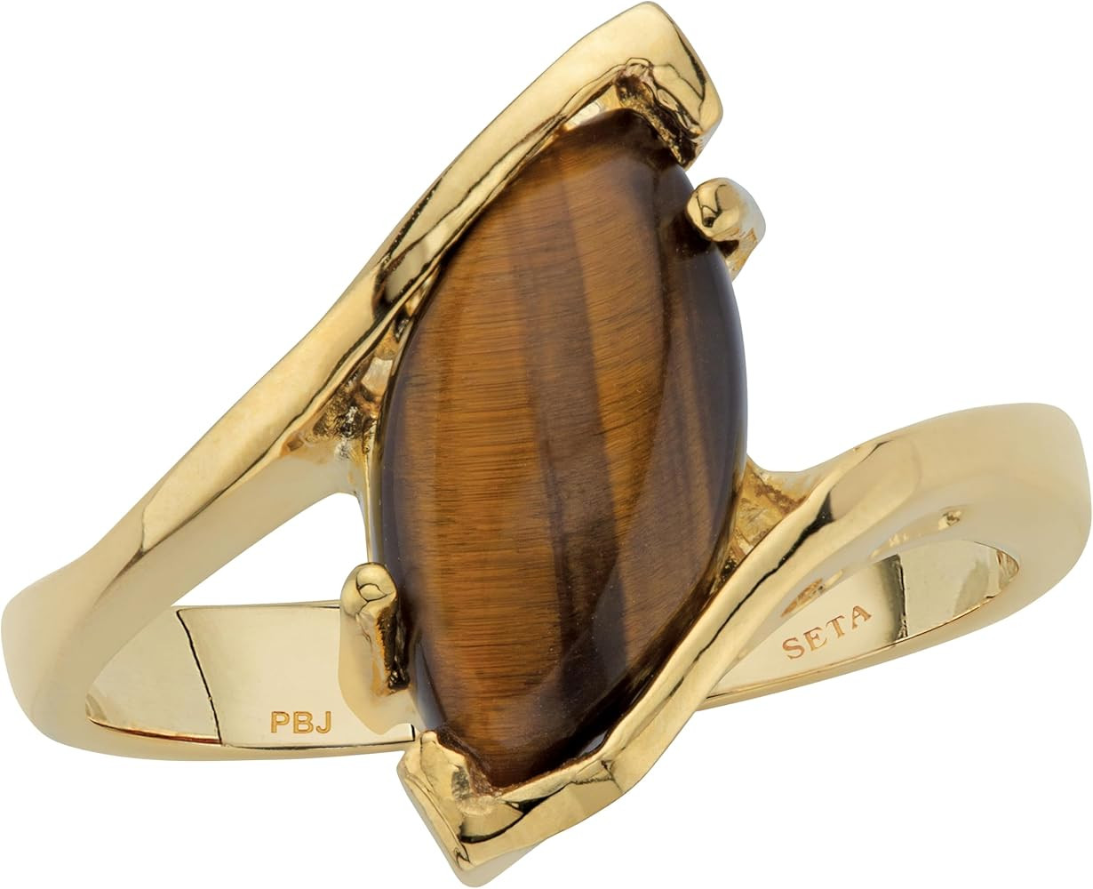 PalmBeach Yellow Gold-plated Marquise Shaped Genuine Brown Tiger's Eye Bypass Ring Sizes 5-10 | Amazon (US)