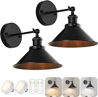 Black Vintage Wireless Battery Operated Wall Sconces, Industrial Cordless Battery Powered Led Wal... | Amazon (US)