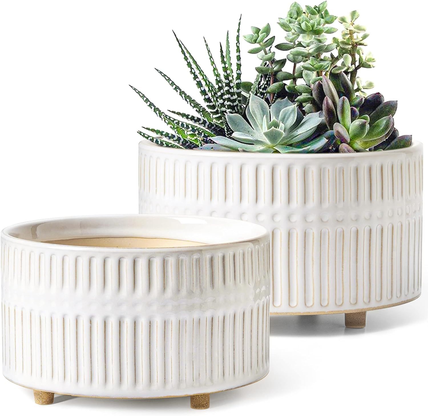 LE TAUCI Succulent Pots, 6.5+8 Inch Ceramic Indoor Plant Pot with Drainage Hole, Modern Round Dec... | Amazon (US)
