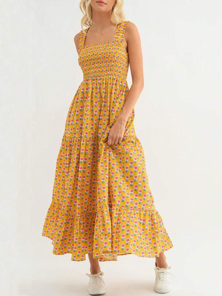 Women Square Neck Sleeveless Boho Floral Maxi Dress Spaghetti Strap Flowy Tiered Long Dresses Beach Strappy Sundress Dark | SHEIN