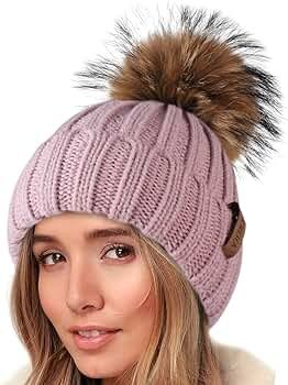 Knit Beanie Hats for Women Fleece Lined with Real Fur Pom Pom Winter Hat | Amazon (US)