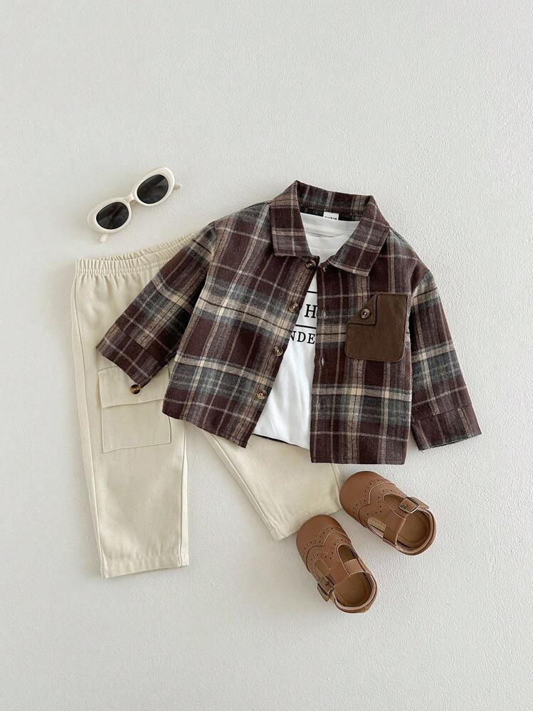 SHEIN Playful Pals 2pcs Baby Boy Casual Plaid Pocket Long Sleeve Shirt And Pants Set, Suitable Fo... | SHEIN