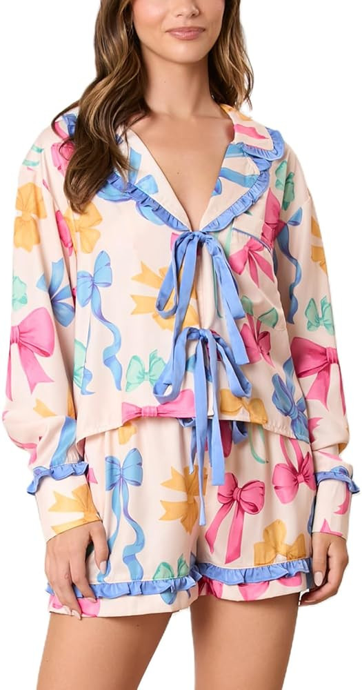 Women Cute Christmas Pajamas 2 Piece Lounge Set Long Sleeve Shirts and Shorts Y2k Pajama Sets Sle... | Amazon (US)