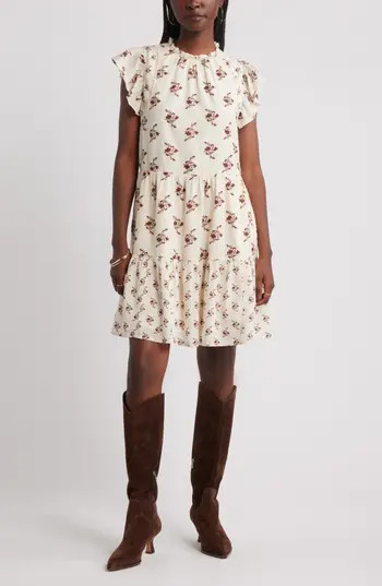 Treasure & Bond Tiered High Neck Shift Minidress in Ivory- Burgundy Batik Floral at Nordstrom Rack, Size Xx-Small | Nordstrom Rack