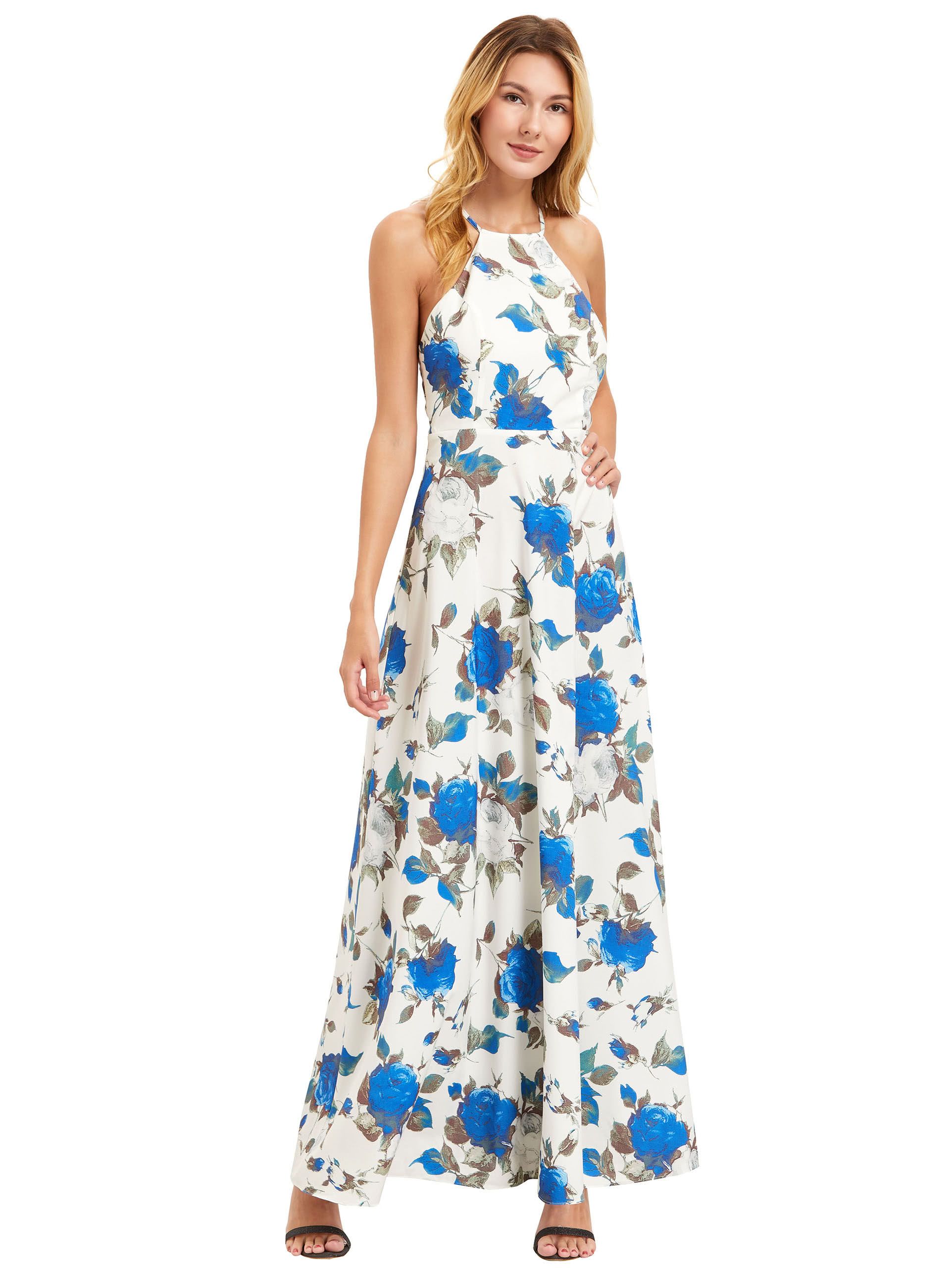 White Floral Print Halter Neck Maxi Dress | SHEIN