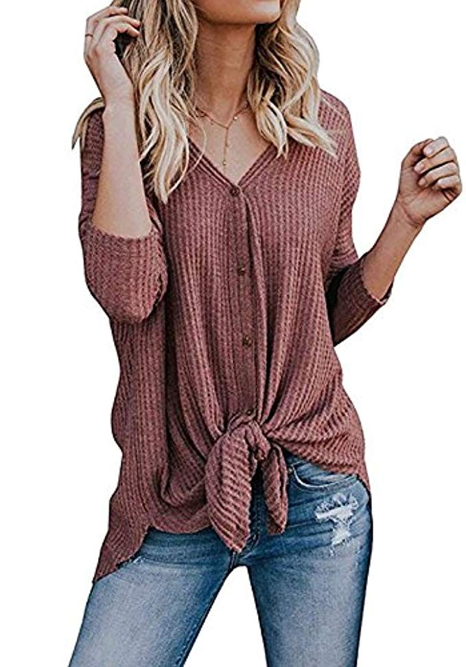 Chvity Womens Waffle Knit Tunic Blouse Tie Knot Henley Tops Loose Fitting Bat Wing Plain Shirts | Amazon (US)
