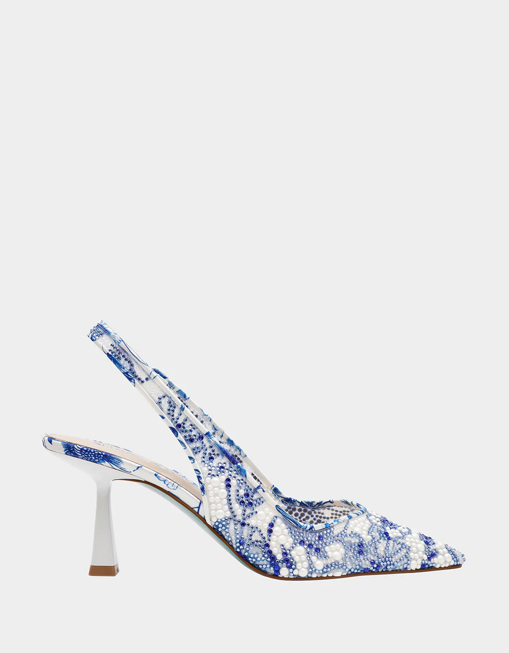 CLARK HEELS WHITE/BLUE FLORAL Women's Sling-Back Mesh Rhinestone Heel | Betsey Johnson