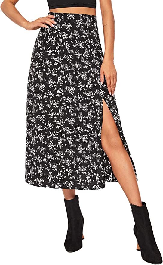 Amazon.com: Floerns Women's Boho Floral High Waist Split A Line Midi Skirt Black Disty Floral M :... | Amazon (US)