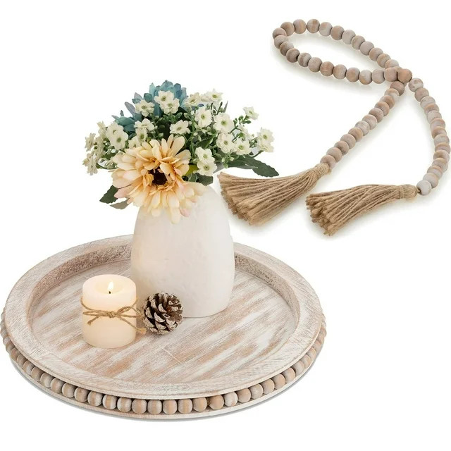 Hanobe Wooden Round Serving Trays Farmhouse Rustic for Coffee Table Home Decor with Bead Pinkish ... | Walmart (US)