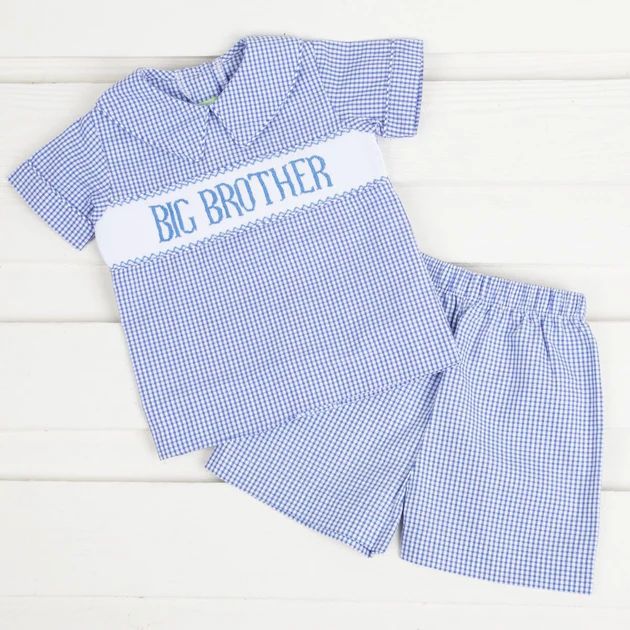 Smocked Big Brother Collared Short Set Royal Blue Plaid | Classic Whimsy