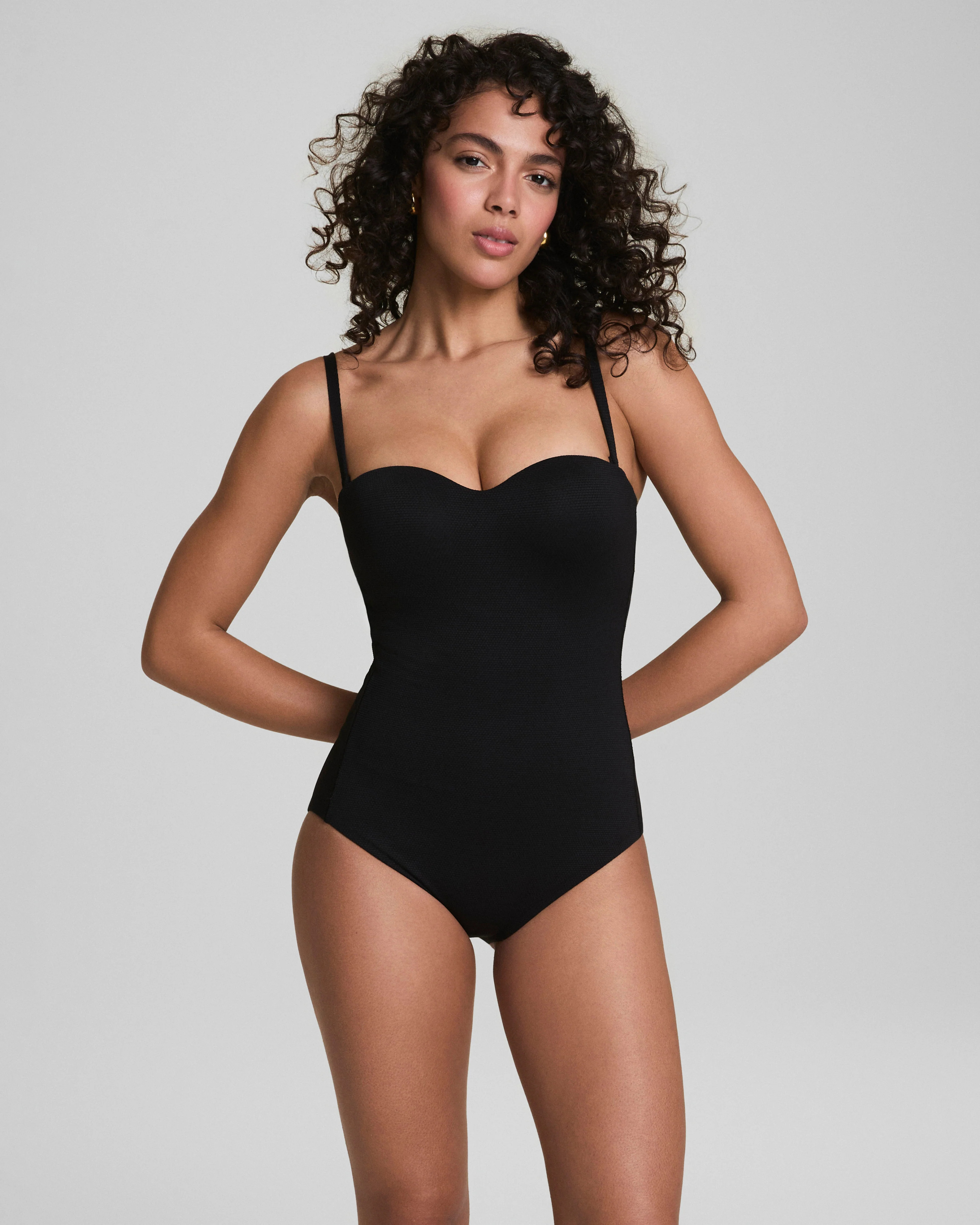 Spanx Women's SPANXshape Swim Convertible Pique Bandeau One-Piece in Black | Spanx
