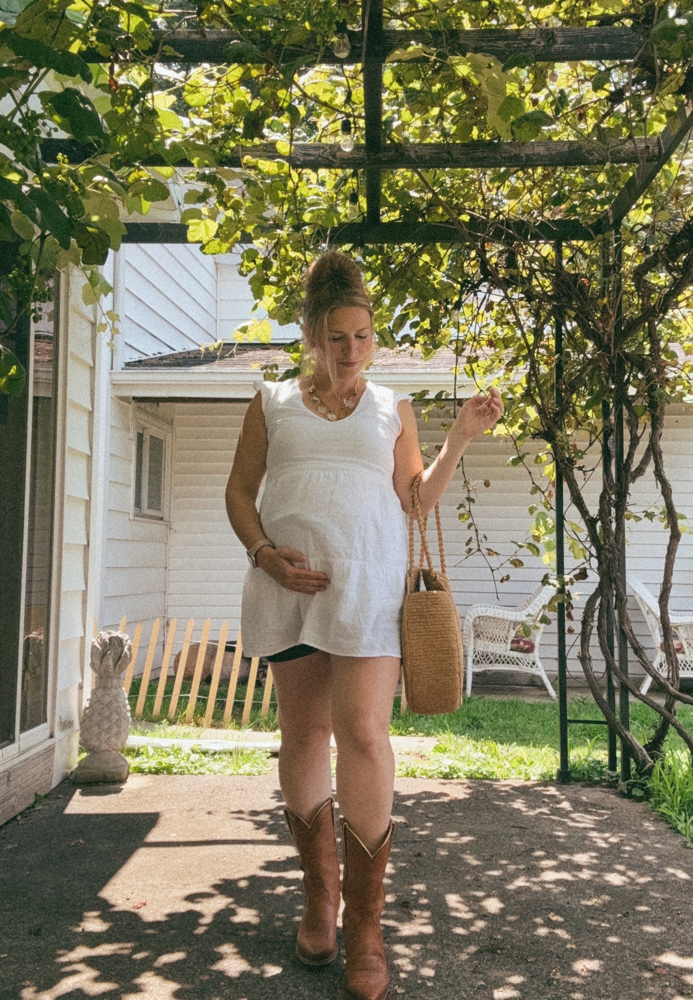Maternity fashion, bump friendly, cowboy boots, basket bag, charm necklace, third trimester, 33 weeks pregnant, western boots, maternity biker shorts 

#LTKBump #LTKFindsUnder50 #LTKShoeCrush