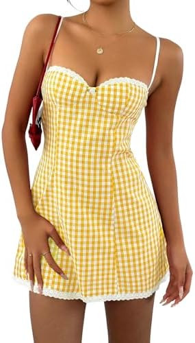 Floerns Women's Summer Cute Gingham Spaghetti Strap Cami Sun Dress Lace Trim A Line Mini Dresses | Amazon (US)
