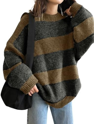 EMMIOL Women's Oversized Striped Sweaters 2025 Fall Trendy Long Sleeve Knit Outfits Crewneck Fash... | Amazon (US)