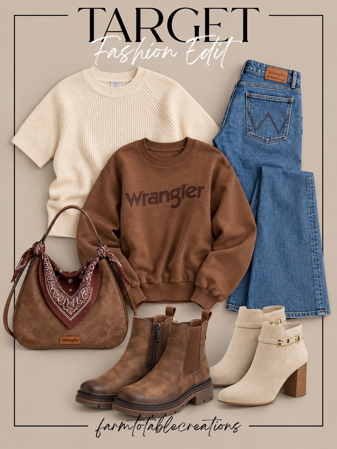 Target Fall Fashion Edit 🤎

Fall outfits are officially calling! These Target finds make it so easy to create that effortless, casual fall look with cozy knits, classic denim, warm brown tones, and the cutest boots for the season.

I love the western-inspired touches mixed with everyday basics—the Wrangler sweatshirt, denim, bandana bag, and neutral boots can all be mixed and matched for everything from weekend errands to pumpkin patch days. 🍂

Follow @farmtotablecreations on Instagram for more cozy home finds and trending decor.

#LTKStyle #TargetStyle #TargetFinds #TargetFashion #FallFashion #FallOutfits #FallStyle #Wrangler #CasualStyle #AffordableFashion #BootSeason #DenimStyle #CozyStyle #LTKFinds

#LTKSaleAlert #LTKOver40
