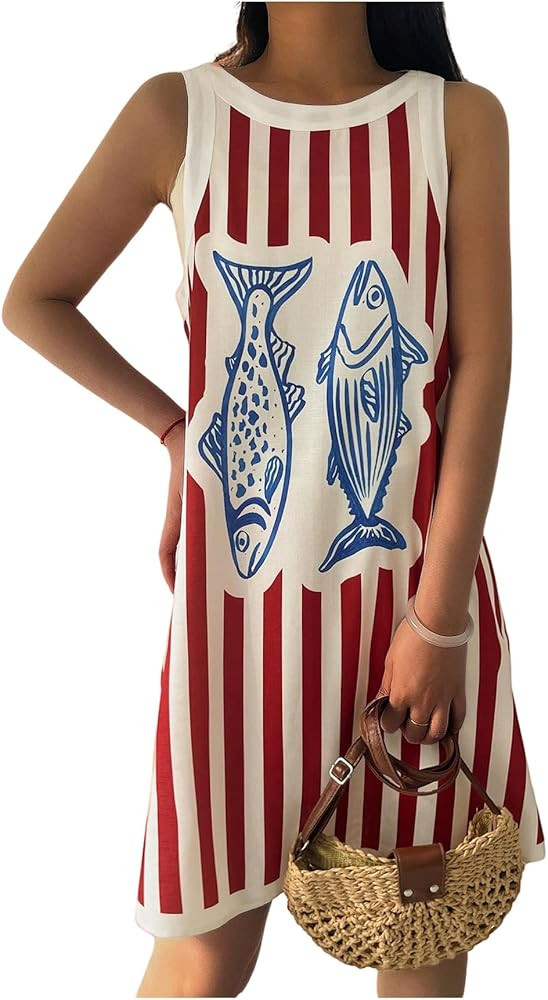 Floerns Women's Striped Sleeveless Tank Dress Crew Neck Fish Print Beach Sundress | Amazon (US)