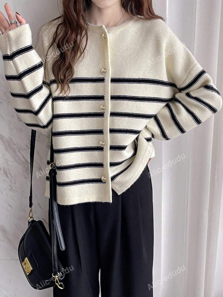 Gestreepte Drop Shoulder Button Through Cardigan, Lange Mouw Tops | SHEIN