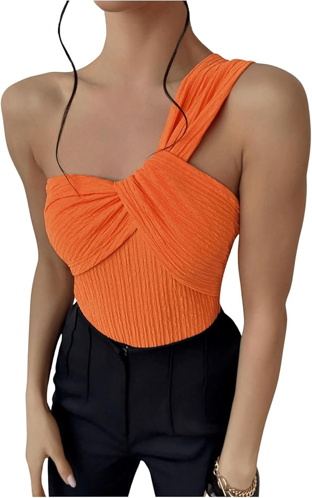 OYOANGLE Women's Textured One Shoulder Twist Front Ruched Bodysuit Sleeveless Tank Top Body Suits | Amazon (US)