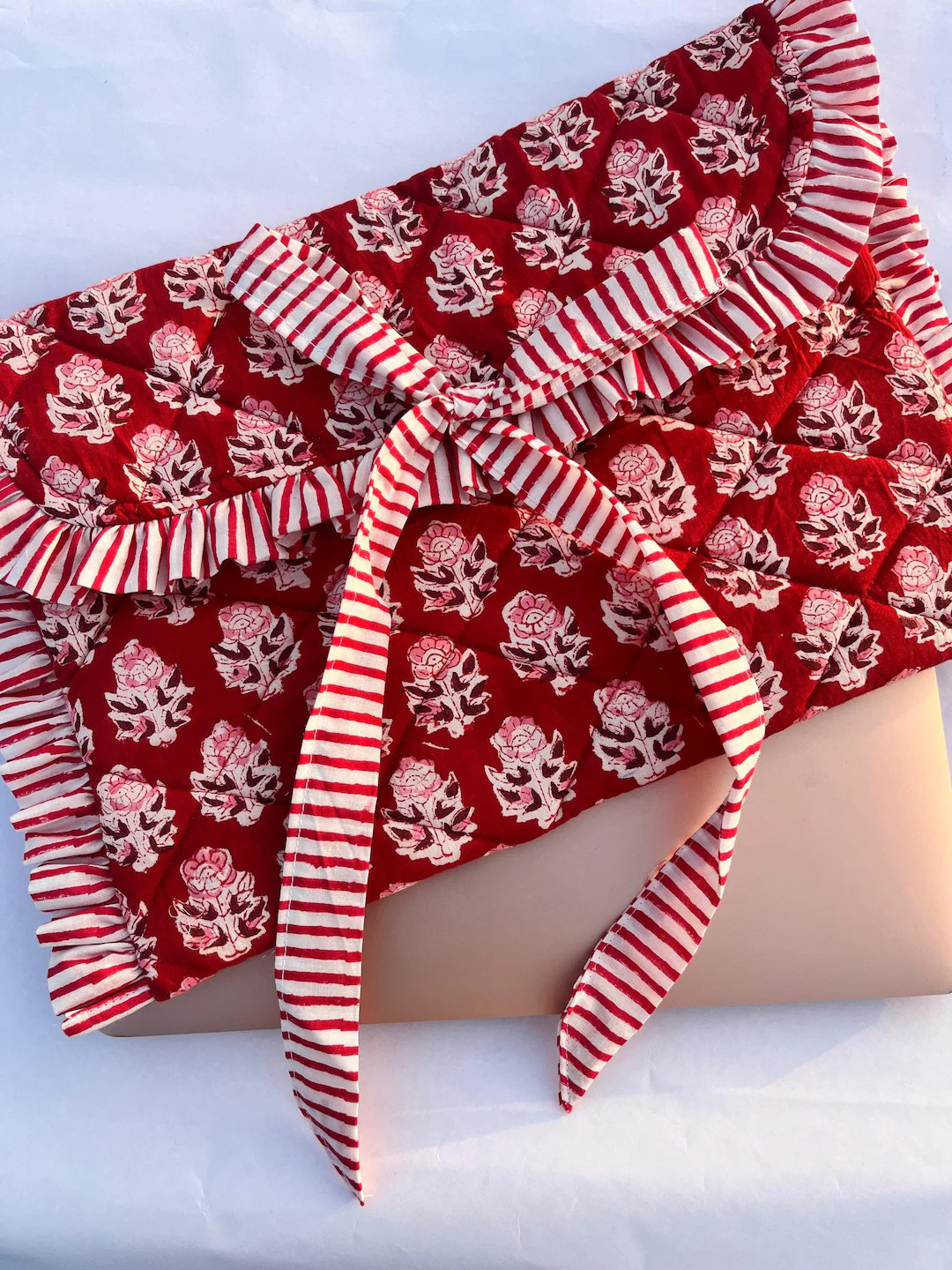 Hand Block Printed Laptop Sleeve: Red Floral Quilted Cotton Case with Bow | Etsy (US)