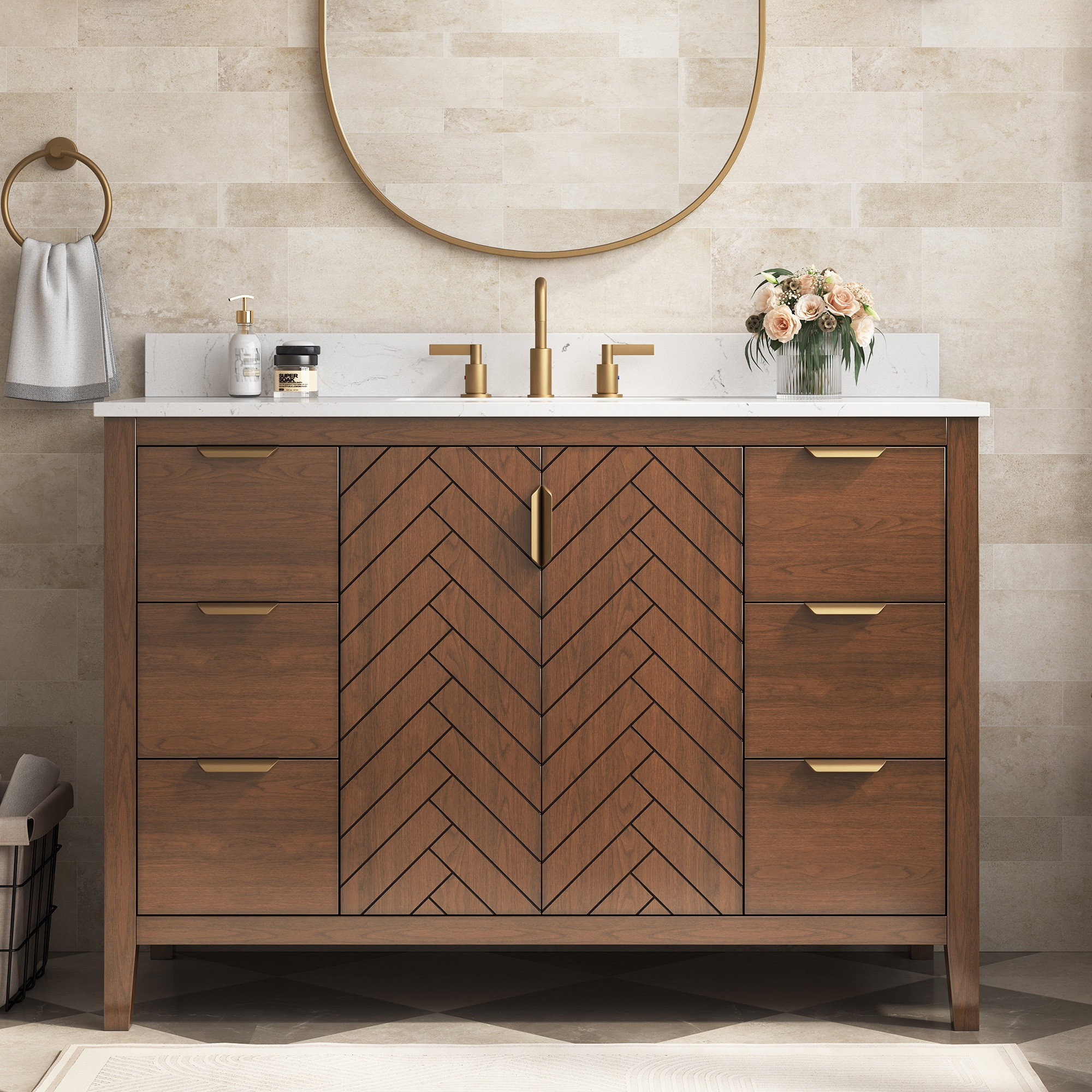 DELUXE LIVING Asheville 48-in Antique Brown Undermount Single Sink Bathroom Vanity with Carrara white Engineered Stone Top (Fully Assembled) | Lowe's