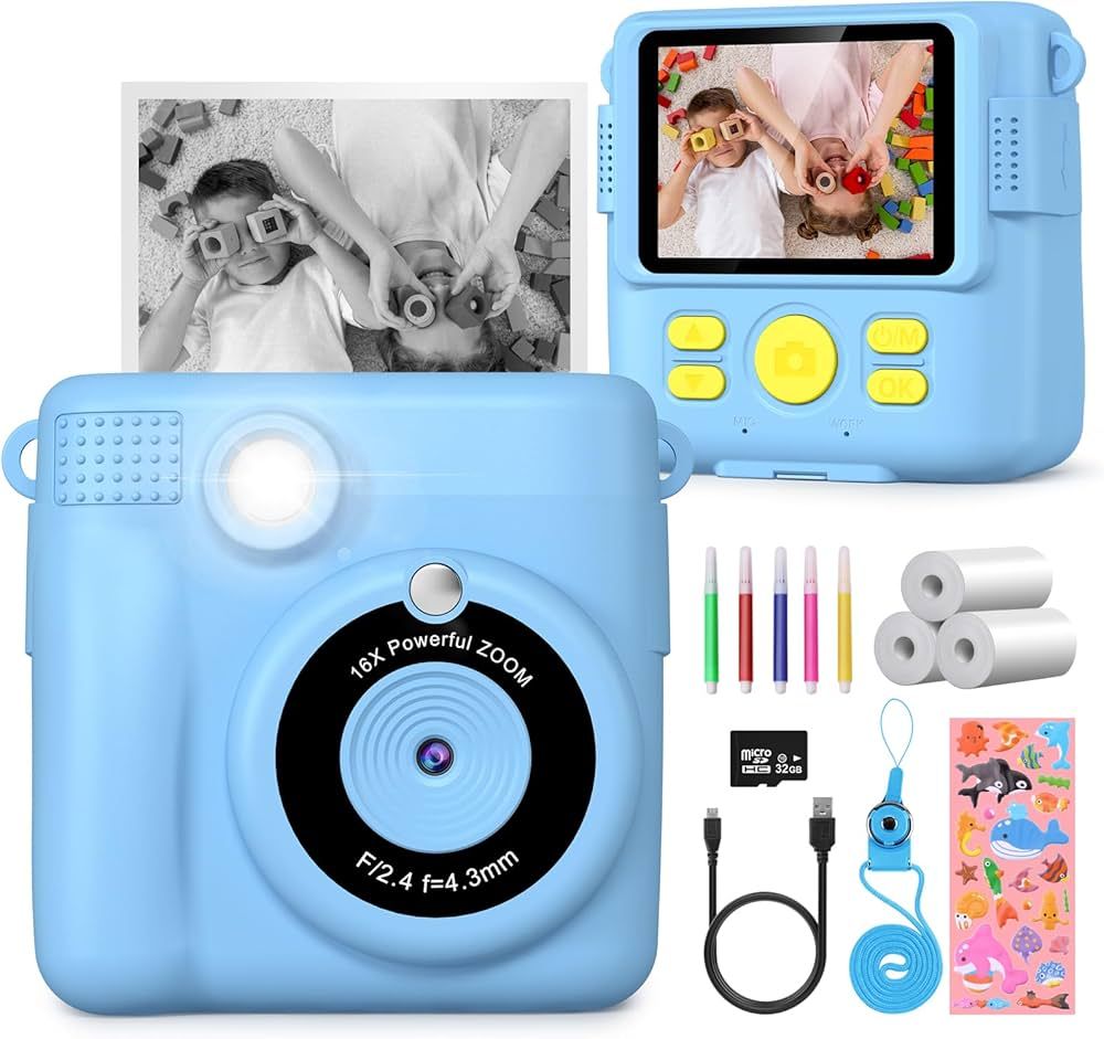 Kids Camera, 1080P Instant Camera for Kids, 16x Digital Zoom Kids Camera for Boys, 32GB Card, 3 R... | Amazon (UK)