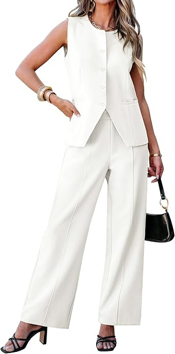 luvamia Vest Pants Suits for Women Dressy 2 Piece Business Casual Outfits Sleeveless Blazer Wide ... | Amazon (US)
