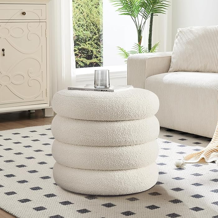 19.5 Inch Round Storage Ottoman, Modern Sherpa Ottoman Coffee Table with Removable Top, White Van... | Amazon (US)