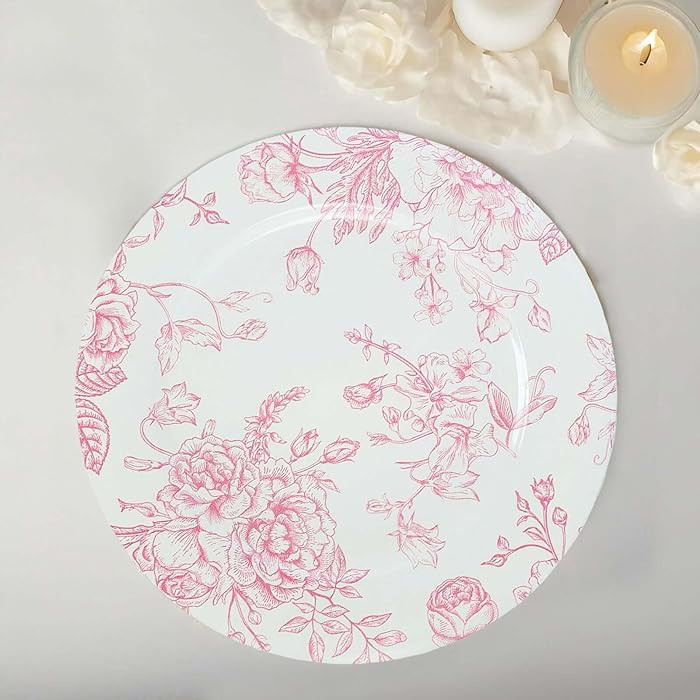 Efavormart 6 Pack White Pink Floral Acrylic Charger Plates in French Toile Pattern, Round Dinner ... | Amazon (US)